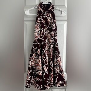 B Darlin Floral Burgundy & Cream Halter Dress Junior Size 1/2.